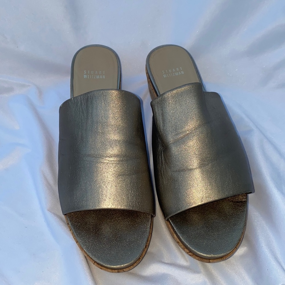 Stuart Weitzman Pewter Cork Wedge Slide Sandals Sz 11 LAST ☎️